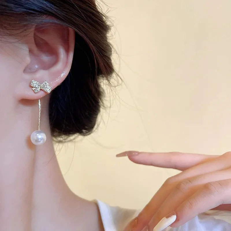 Bow Pearl drop Earjacket earrings - Image 3