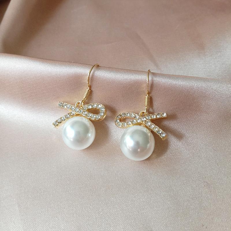 Bow Pearl Drop Earrings - Image 3