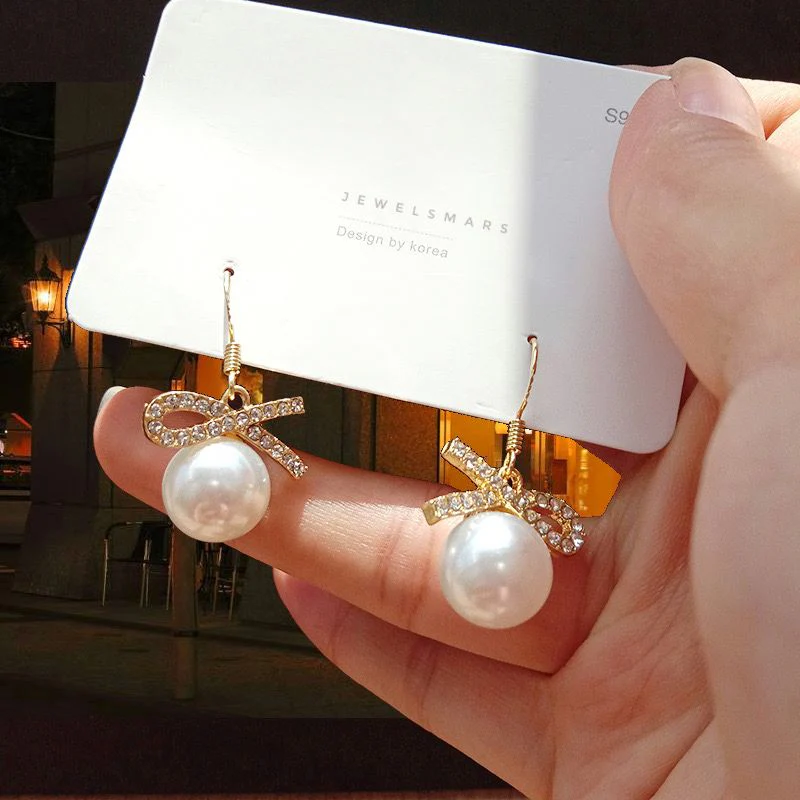 Bow Pearl Drop Earrings - Image 4