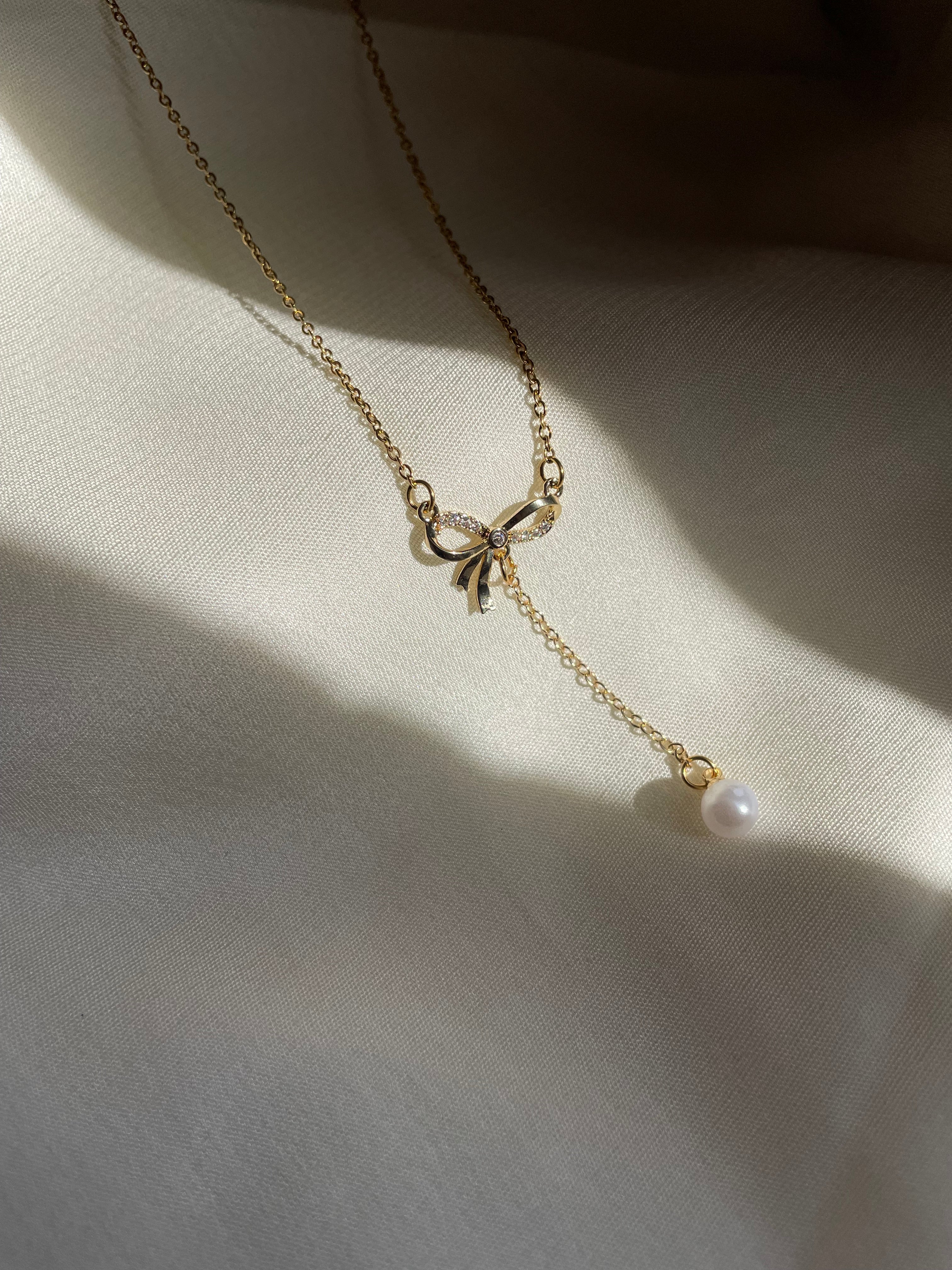Bow Pearl Drop Necklace - Image 2