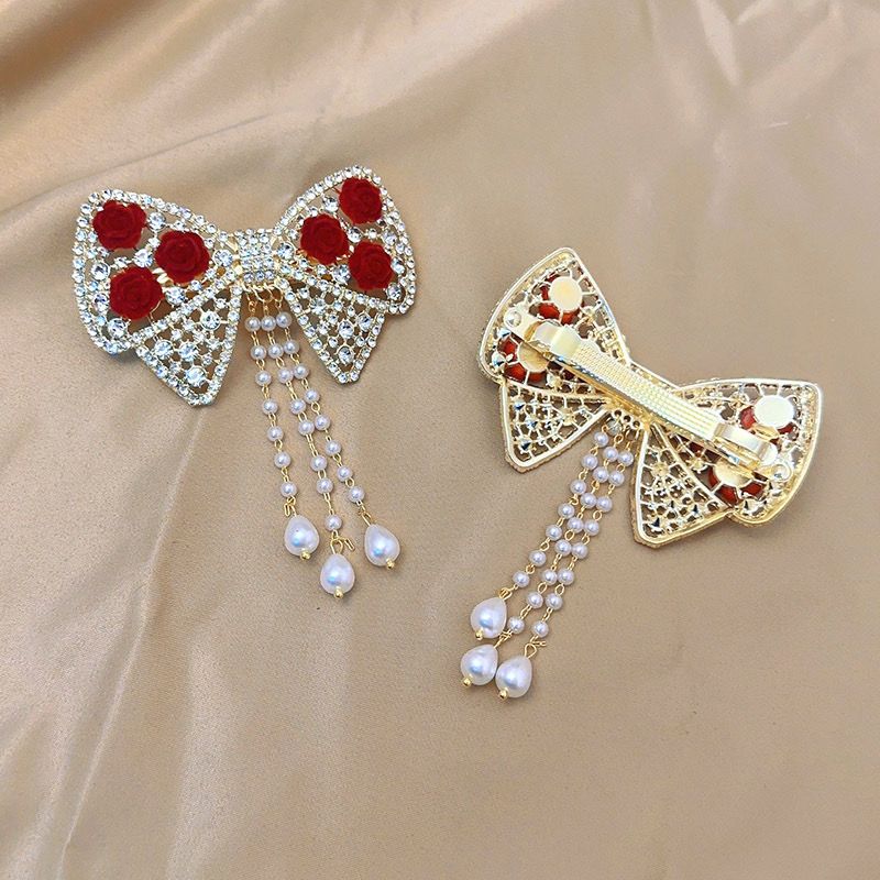 Bow & Roses Dangling Pearls Hair Clip - Image 4