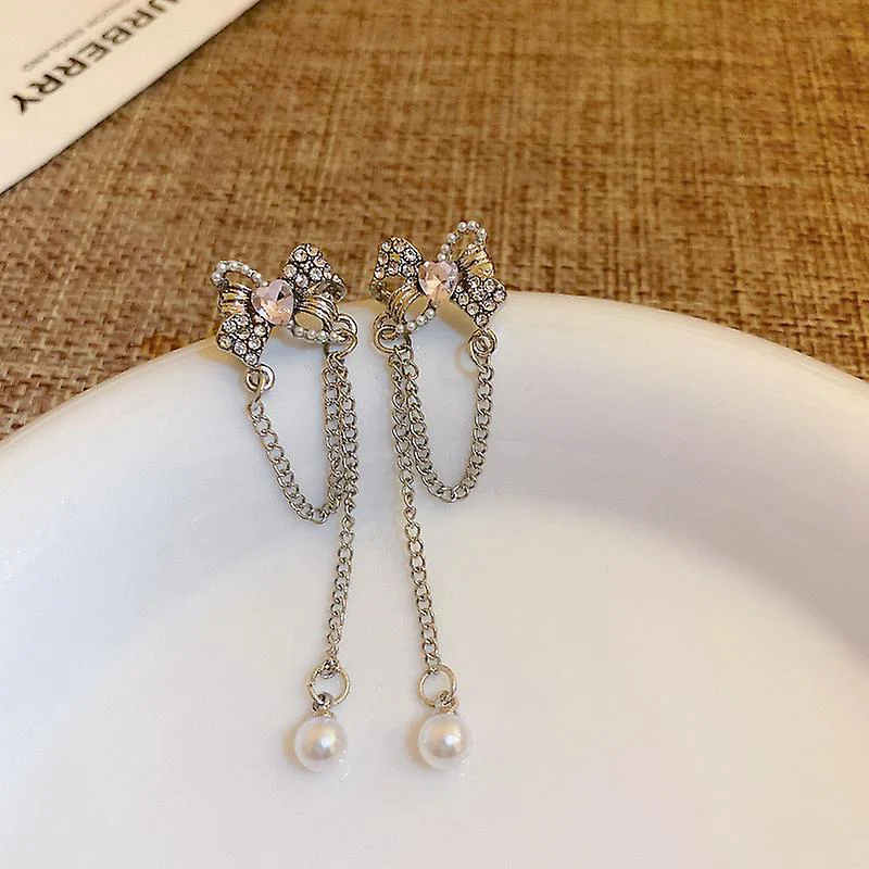 Bow with Heart Tassel Drop Earrings - Image 3