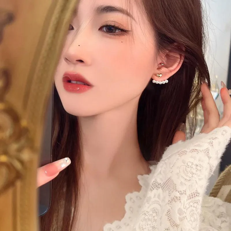 Cute Heart Pearls Earjacket Earrings - Image 2