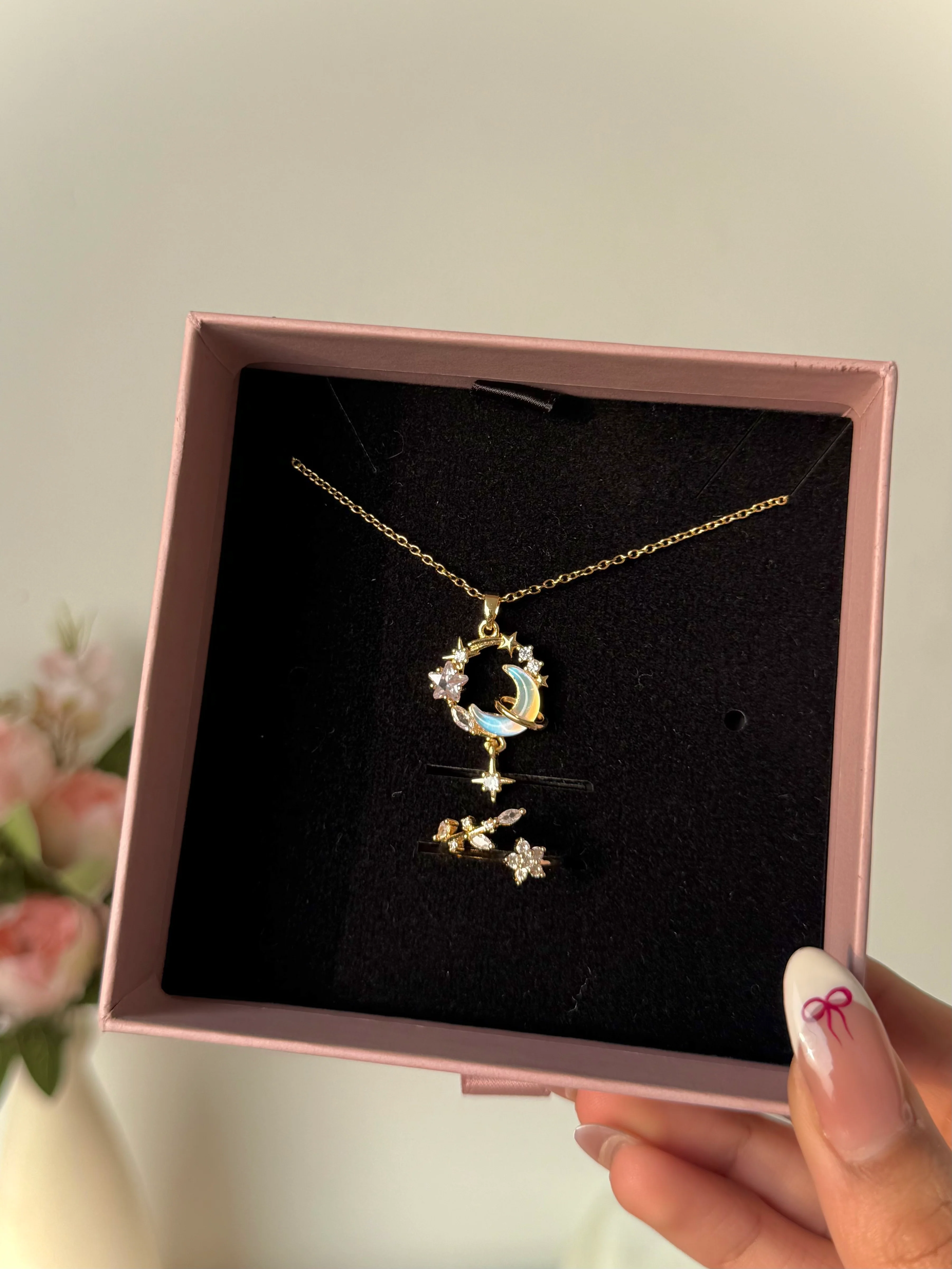 Dreamy Moon Necklace with Ring Gift Box