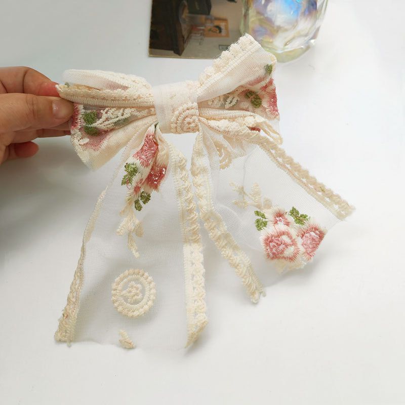 Floral Embroidered Hair Bow- pink - Image 2