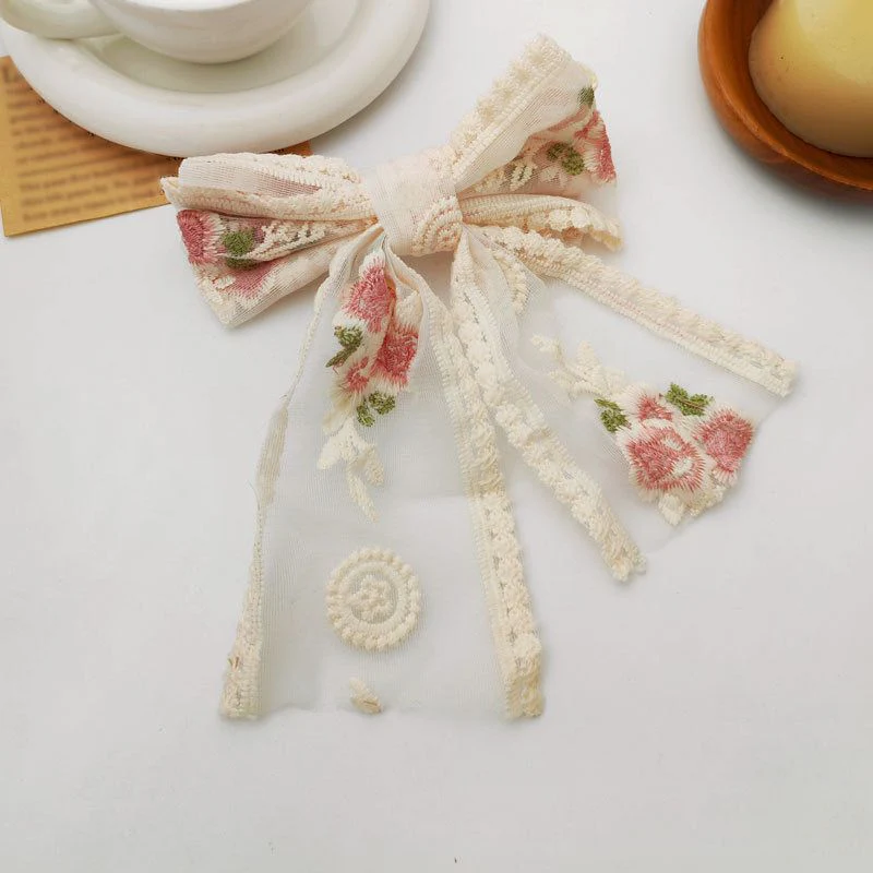 Floral Embroidered Hair Bow- pink - Image 4