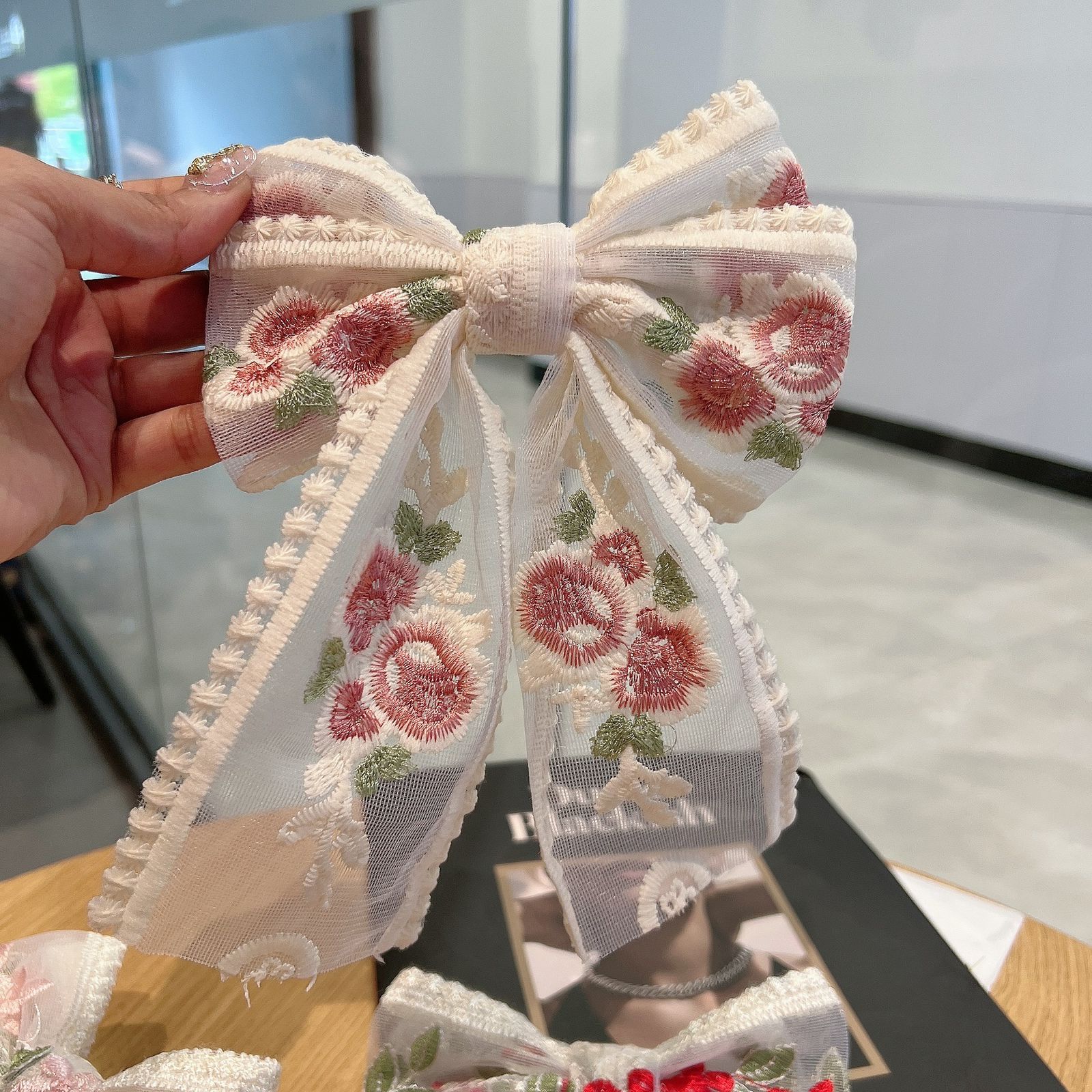 Floral Embroidered Hair Bow- pink - Image 5
