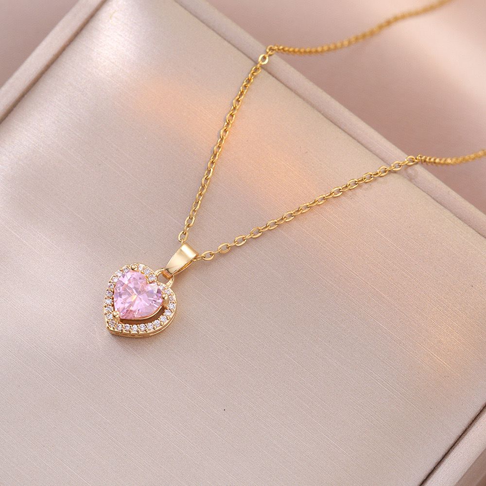 Heart Solitaire Necklace- pink - Image 2