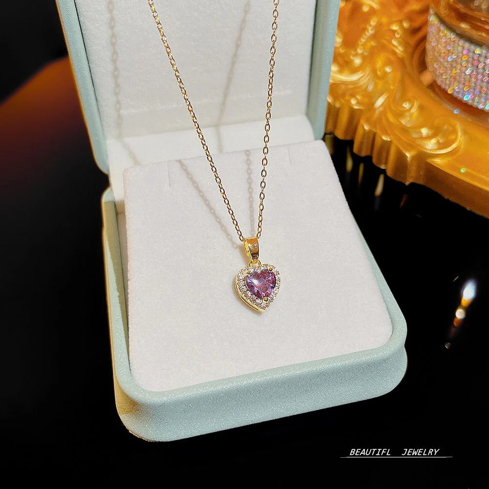Heart Solitaire Necklace- pink - Image 3