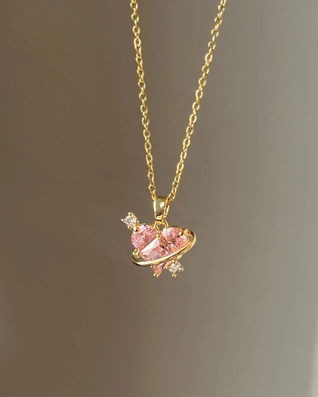 Heart Solitaire Ring Necklace- pink