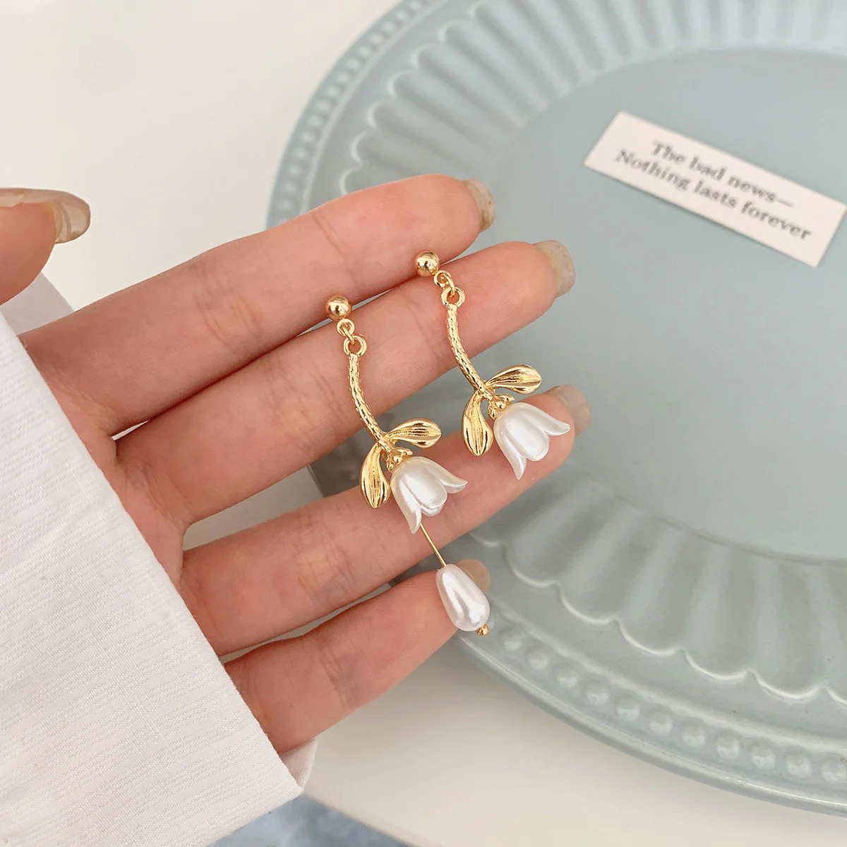 Ivory Flower Drop Pearl Earrings - Image 3