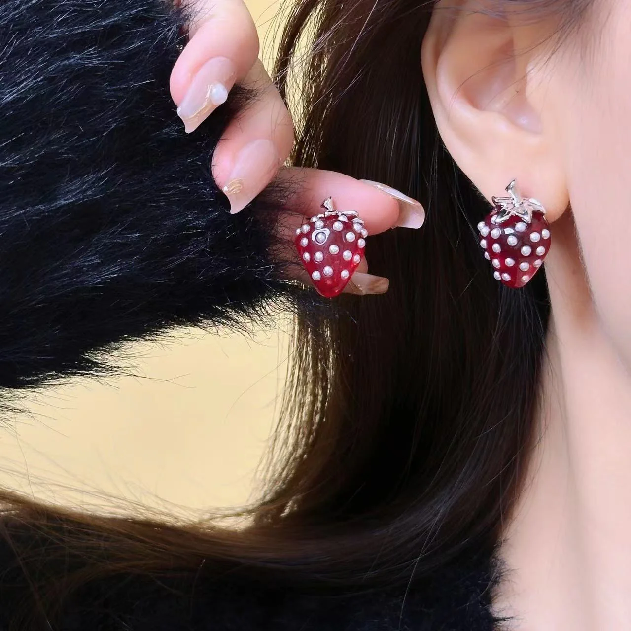 Juicy-licious Strawberry Pearl Earrings - Image 2