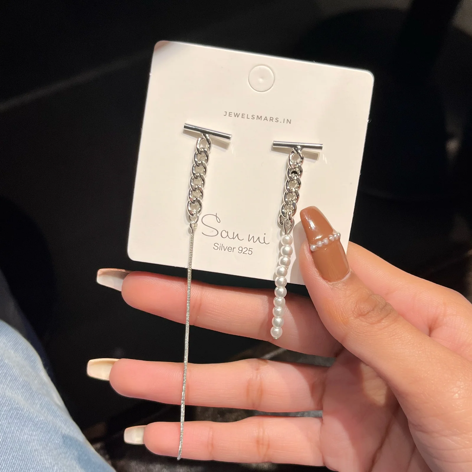 K-pop style Pearl Detailed Mismatch Chain earrings - Image 3