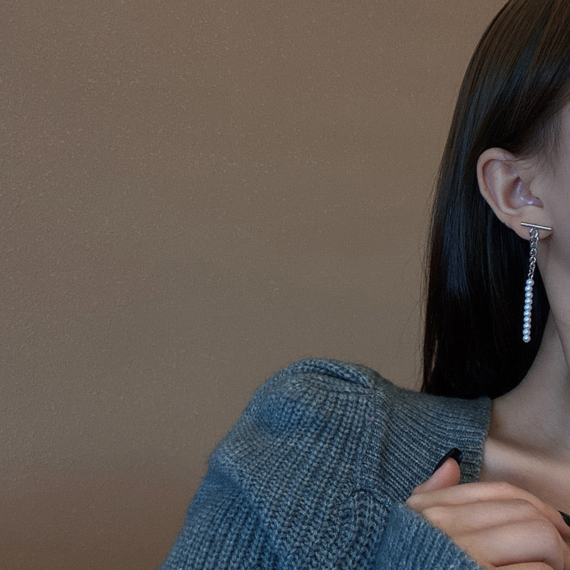 K-pop style Pearl Detailed Mismatch Chain earrings - Image 4
