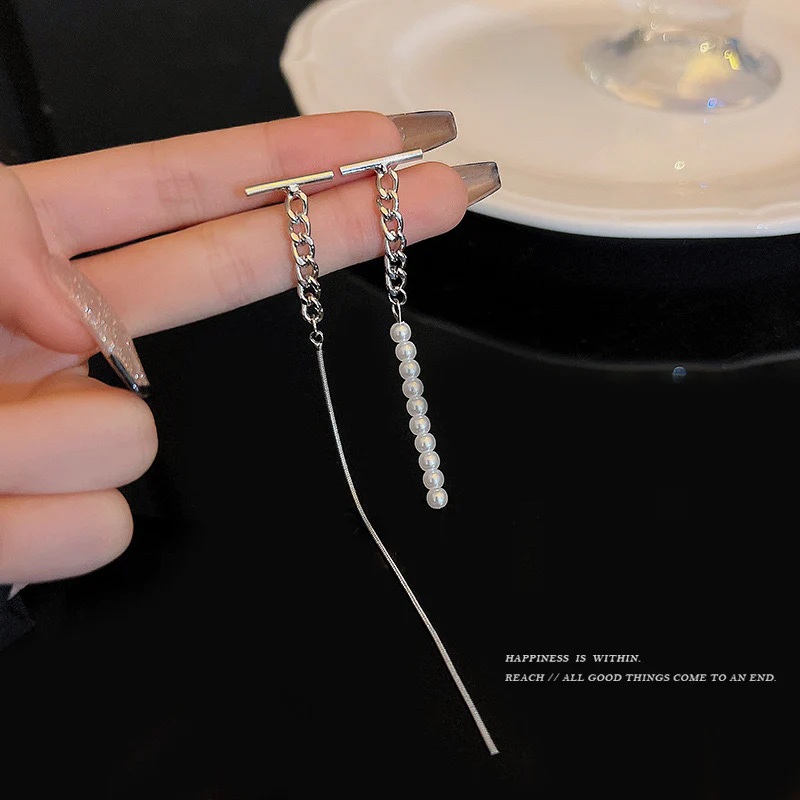 K-pop style Pearl Detailed Mismatch Chain earrings - Image 7