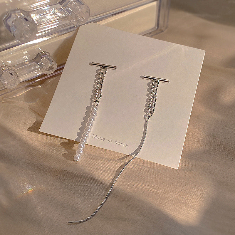 K-pop style Pearl Detailed Mismatch Chain earrings - Image 8