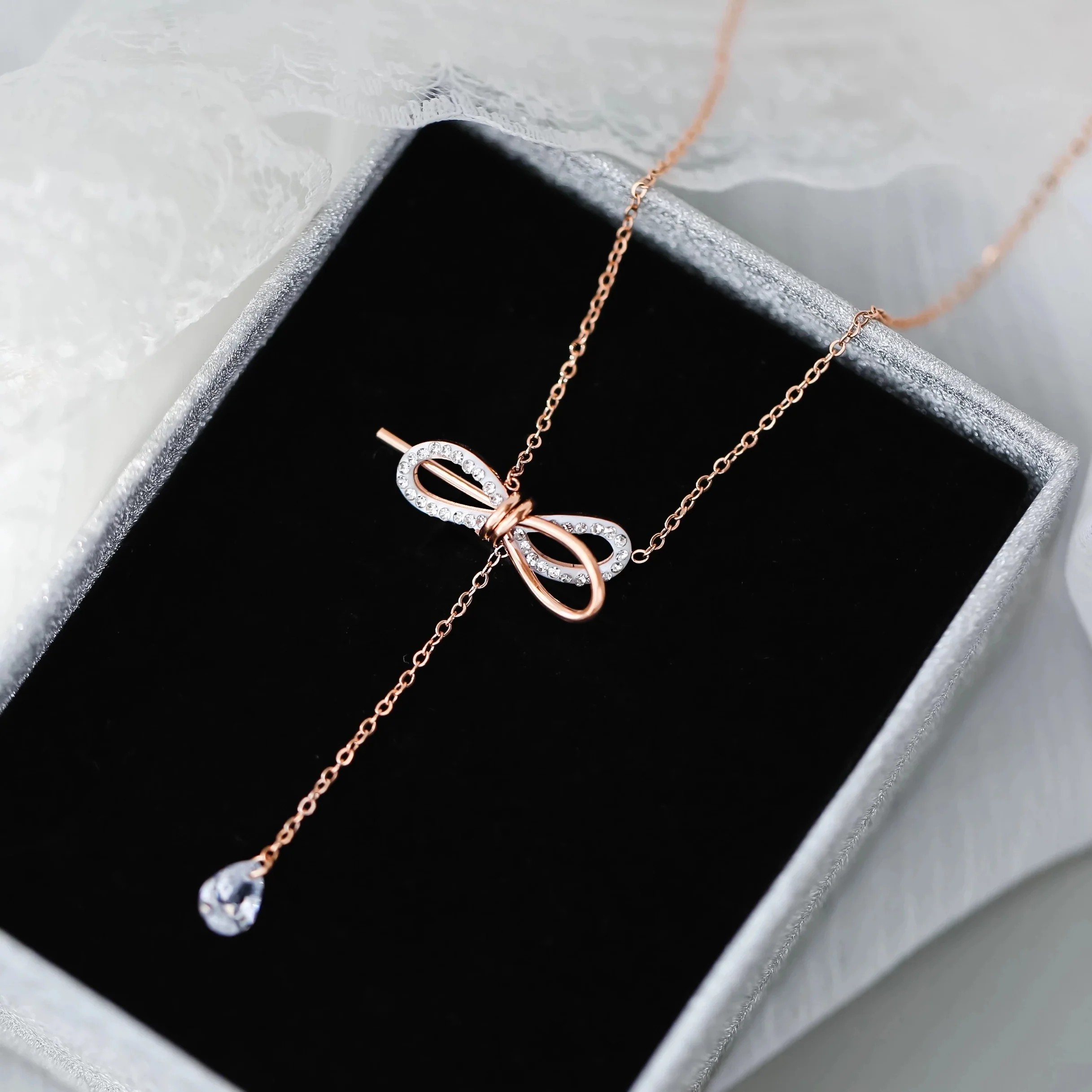 KOREAN BOW CRYSTAL DROP NECKLACE (stainless steel) - Image 2