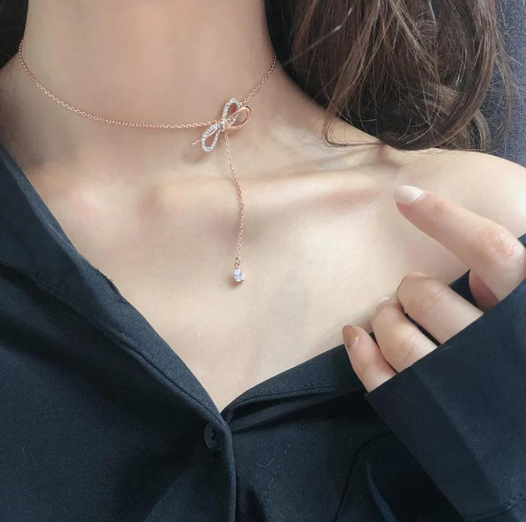 KOREAN BOW CRYSTAL DROP NECKLACE (stainless steel) - Image 3