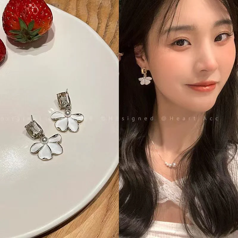 Korean Crystal Flower Drop Earrings - Image 3