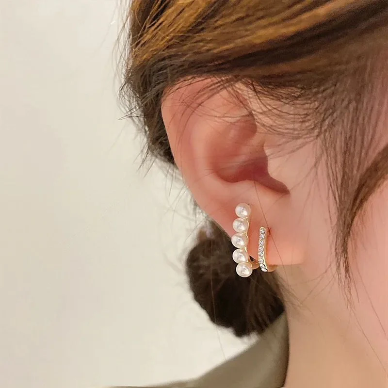 Korean Geometric mini Zircon Pearl Earrings - Image 3