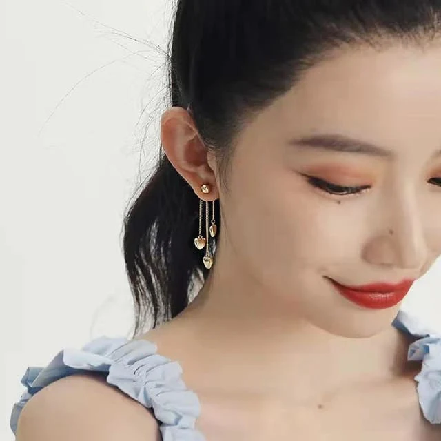 Korean Heart and Tassel Drop Earrings - Image 3