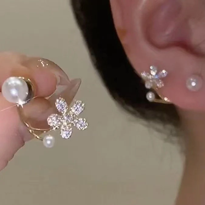 KOREAN MINIMAL PEARL FLOWER EARWRAP EARRINGS - can be worn in multiple ways - Image 2