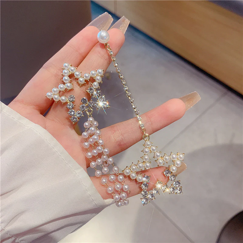 Korean Mismatch Star Korean Earrings with Pearl & Rhinestone details - Image 6