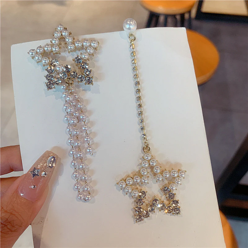 Korean Mismatch Star Korean Earrings with Pearl & Rhinestone details - Image 7