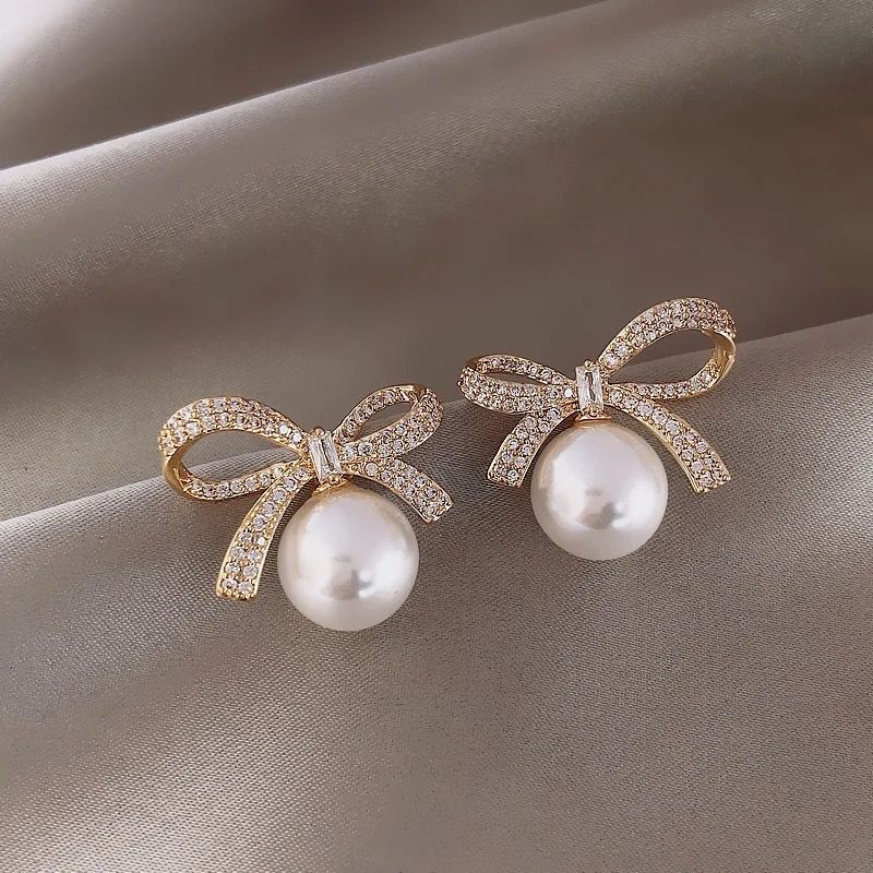 korean Romantic Bow Pearl drop Earrings - Image 2