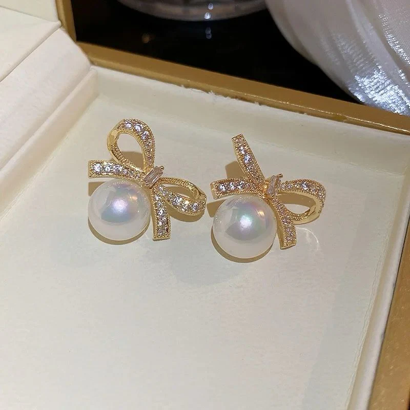 korean Romantic Bow Pearl drop Earrings - Image 3