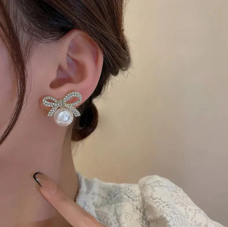korean Romantic Bow Pearl drop Earrings - Image 5