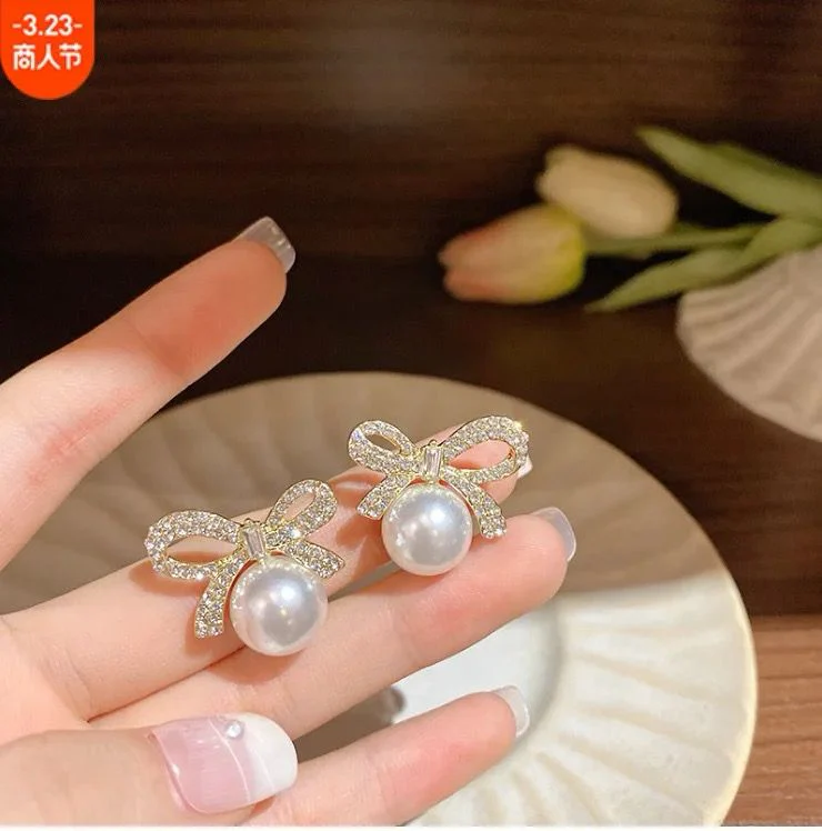 korean Romantic Bow Pearl drop Earrings - Image 6