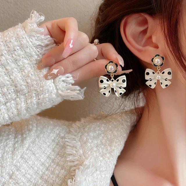 Korean White & Black Polka Dot Bow Earrings - Image 2