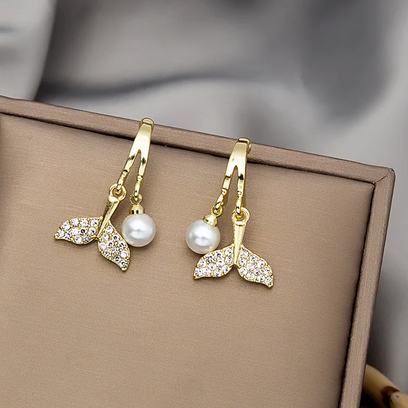 Korean Zircon Pearl Mermaid Earrings - Image 2