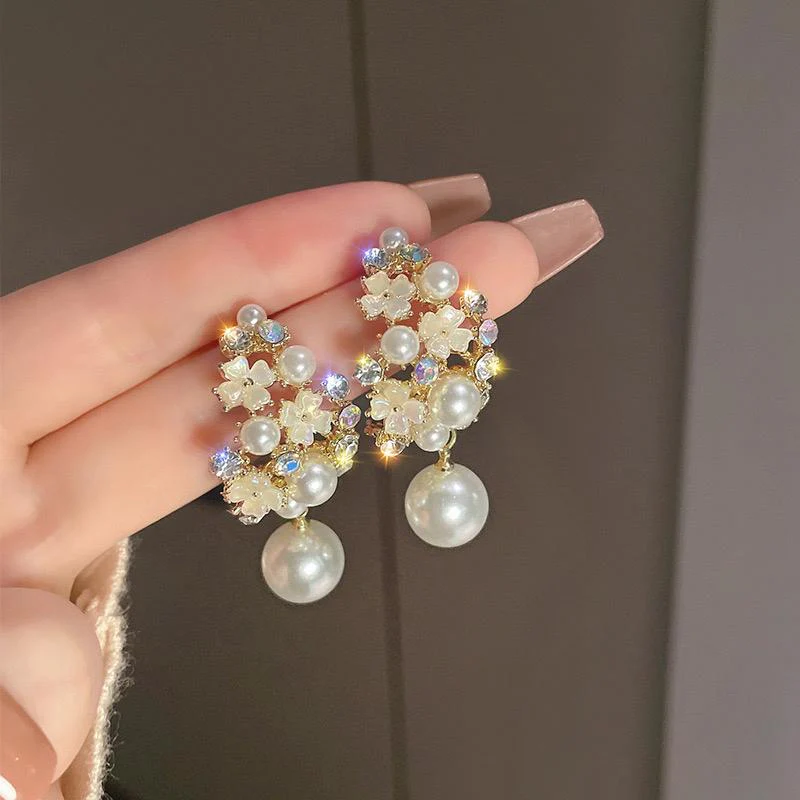 Luxury Floral Pearl Drop Earrings