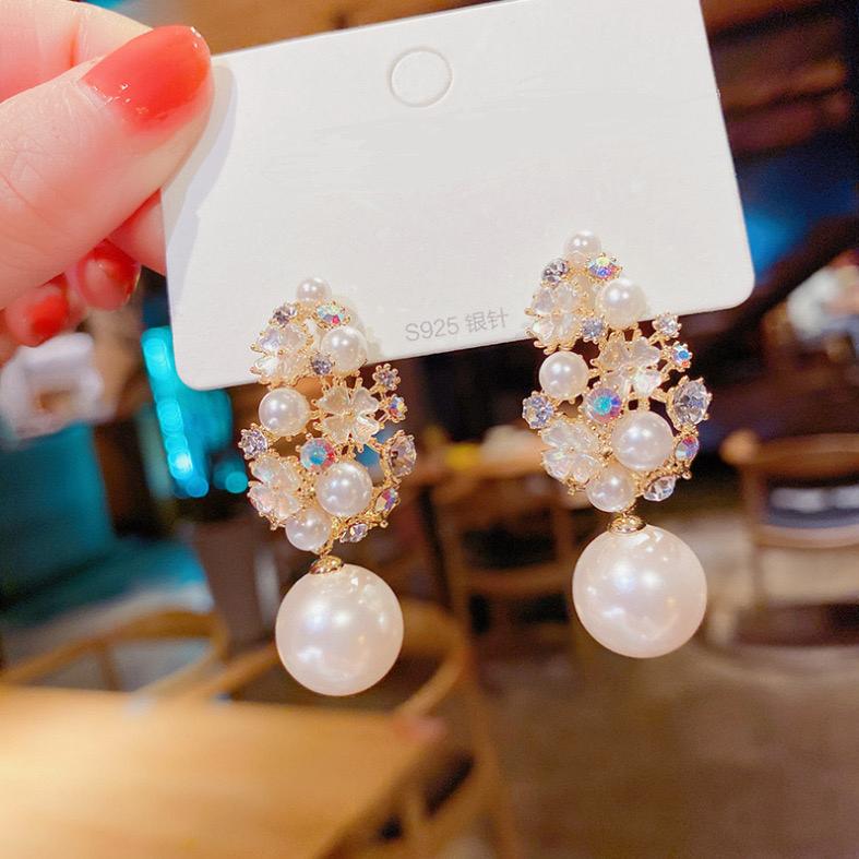 Luxury Floral Pearl Drop Earrings - Image 2
