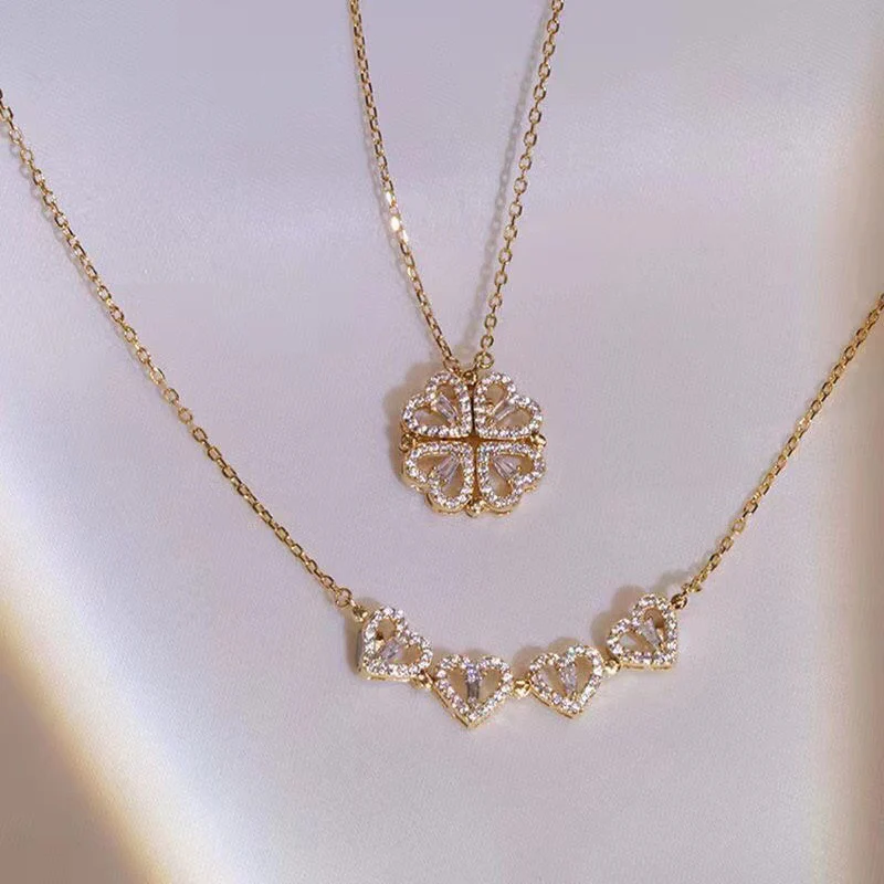 Magnetic 2 in 1 Clover Heart Necklace (stainless steel) - Image 2