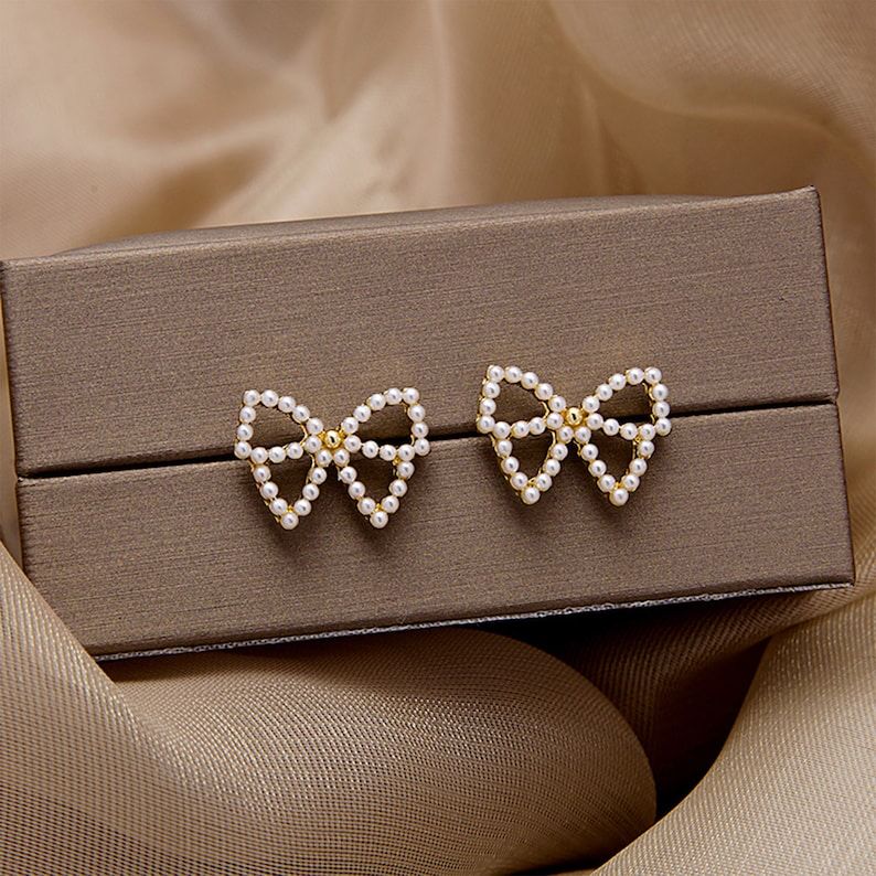 Minimal Delicate Pearl Bow Earrings - Image 3