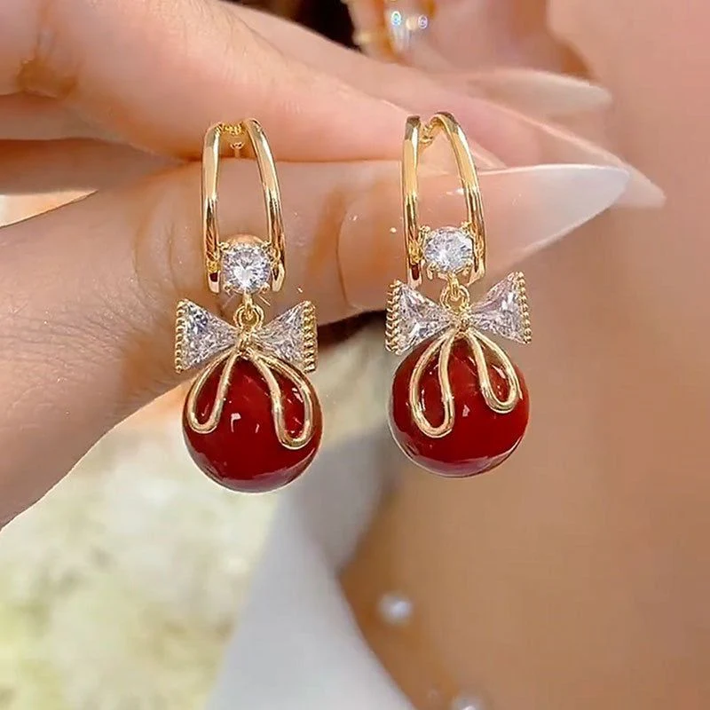 Red Pearl Drop Earrings - Image 3