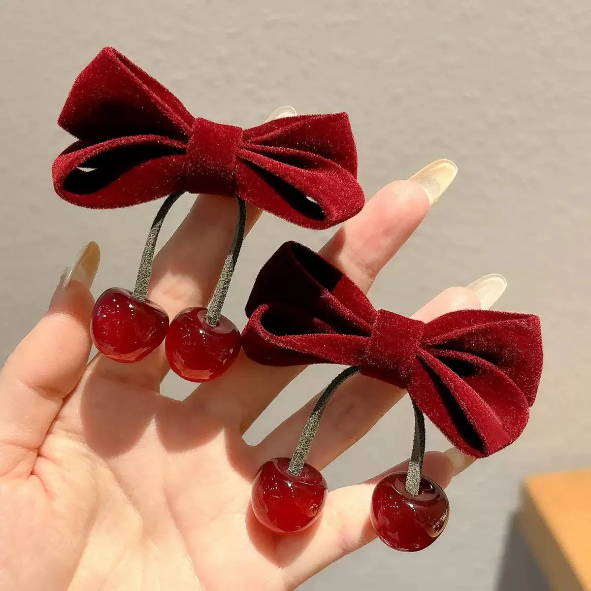 Red Velvet Cherry Hair Bow - Image 2