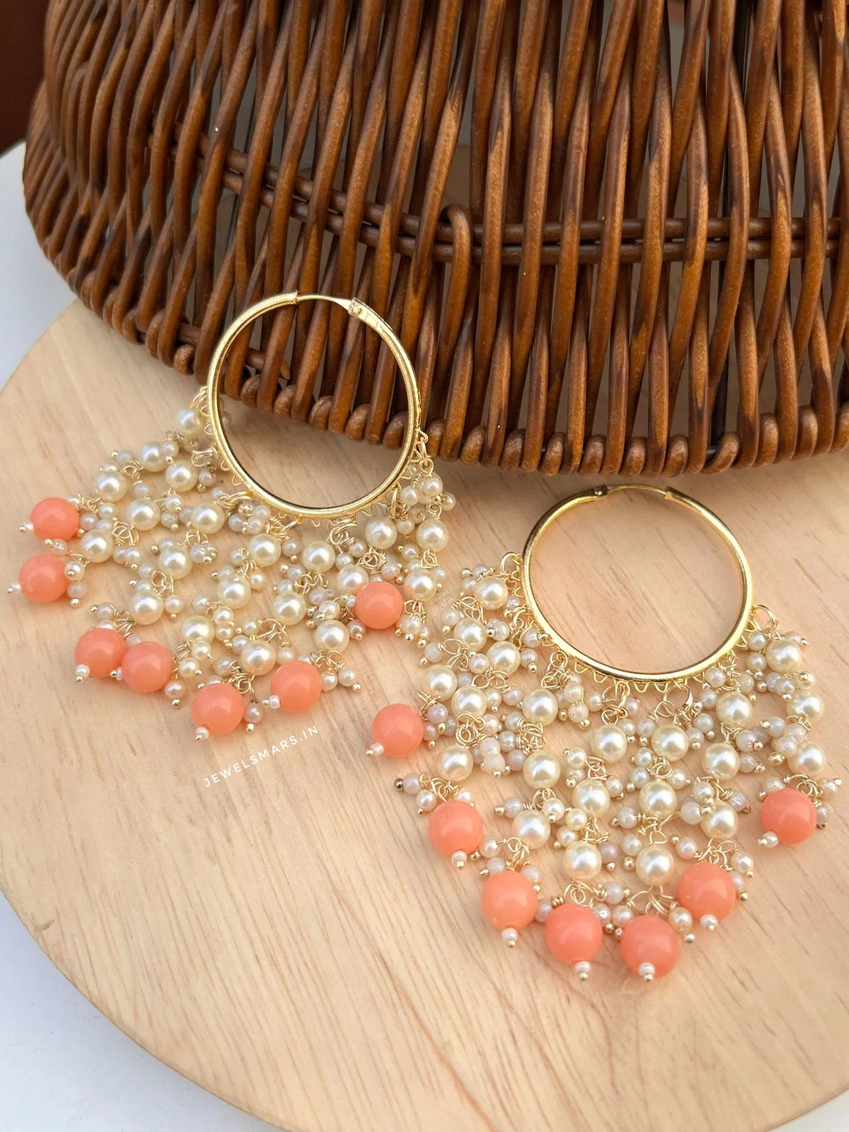 Sahiba Pearl Hoop Earrings - peach - Image 2