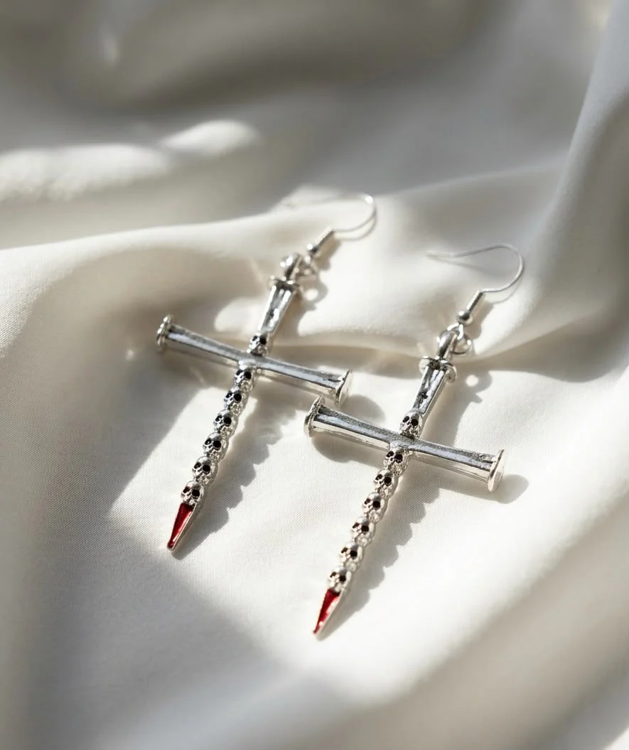 Skull Nail Crucifix Drop Earrings