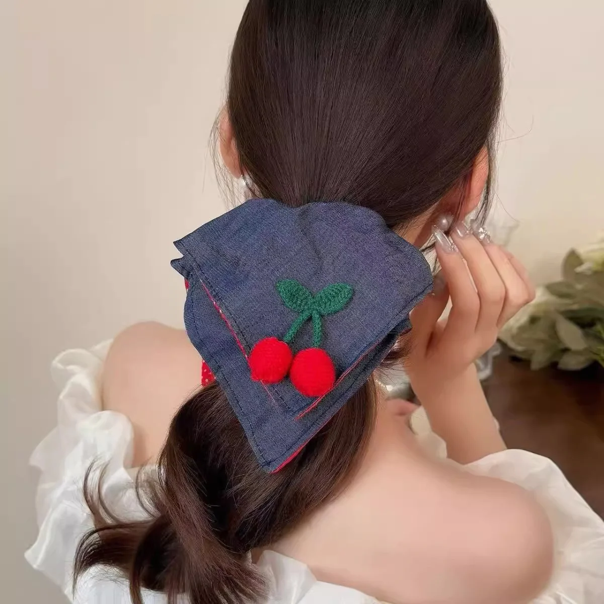 Springtime-Cherry Denim Scrunchie - Image 2