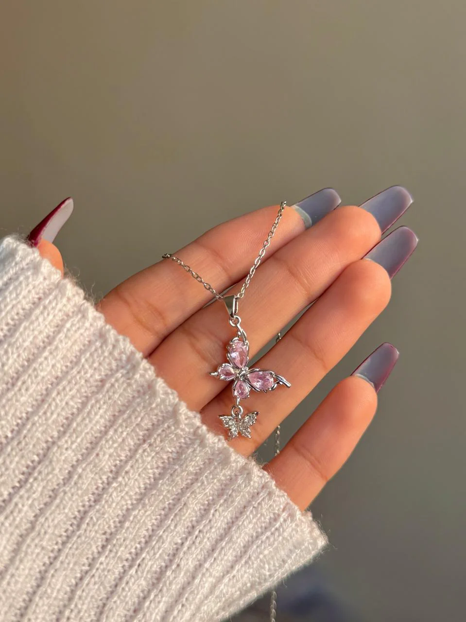 Twin Butterfly Necklace- pink - Image 3
