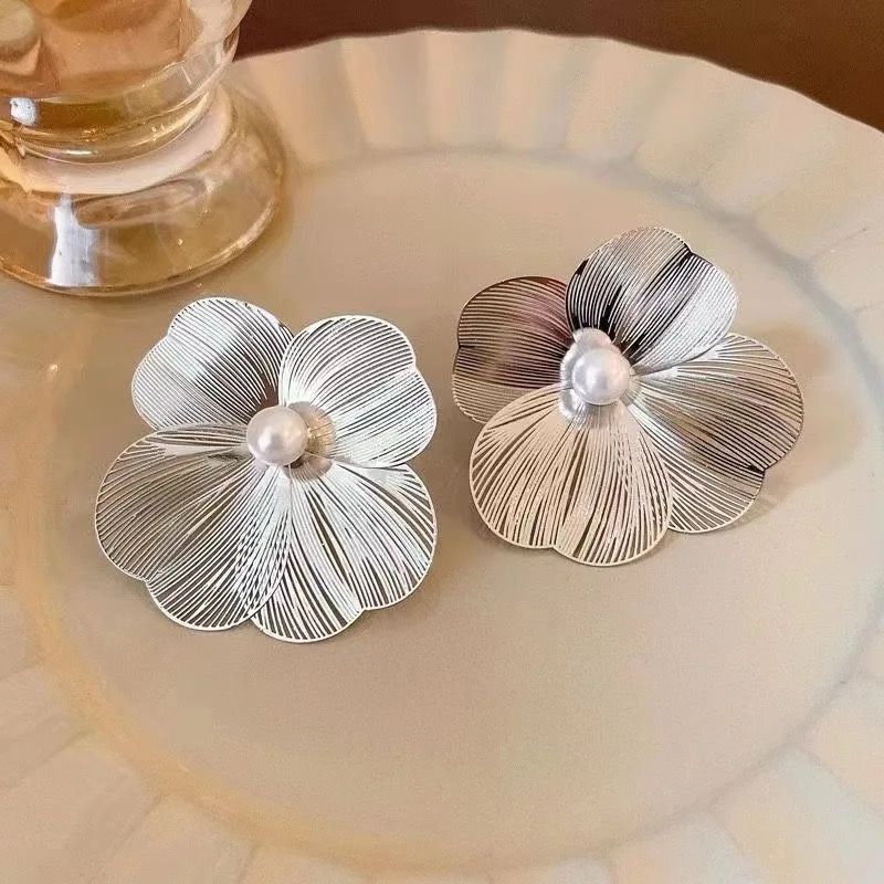 Unique Metal Flower Statement Earrings - Image 2