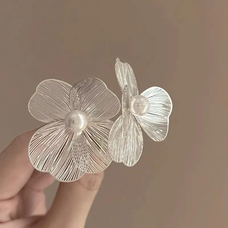 Unique Metal Flower Statement Earrings - Image 3