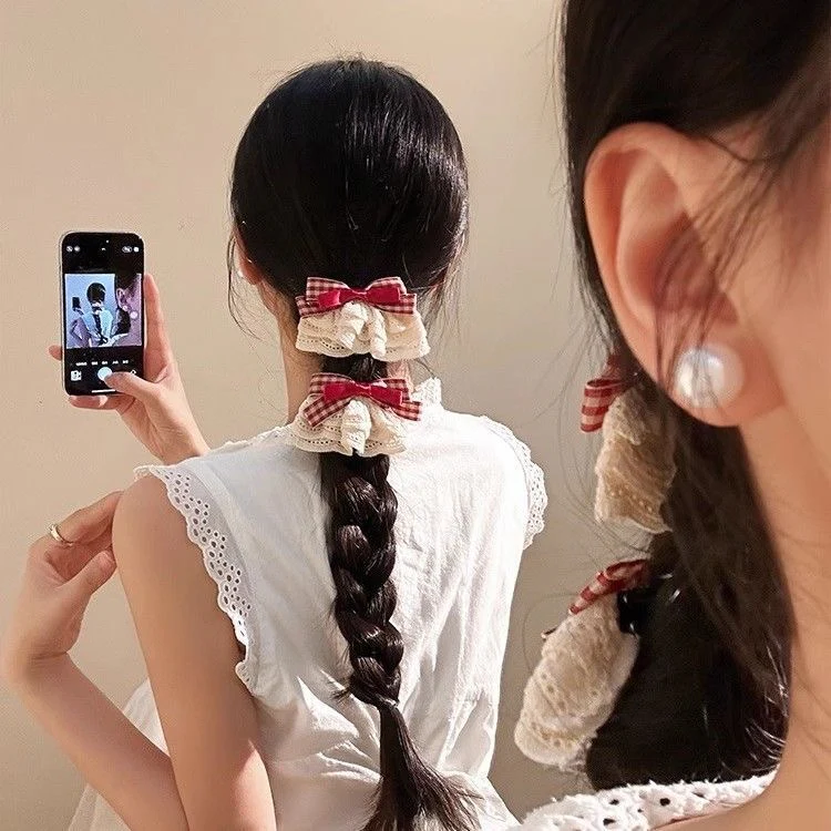 Victorian Lacy Plaid Hair Bow - Image 2