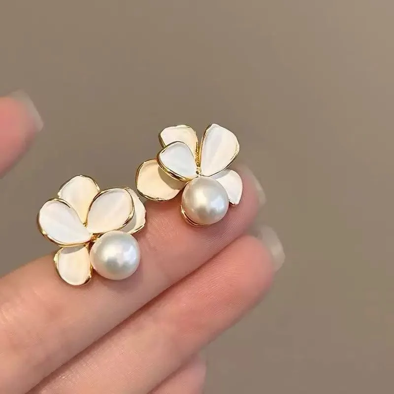 White Petal Pearl Studs - Image 2