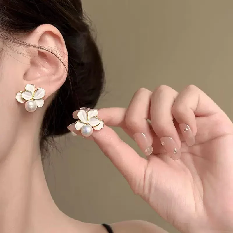 White Petal Pearl Studs - Image 3